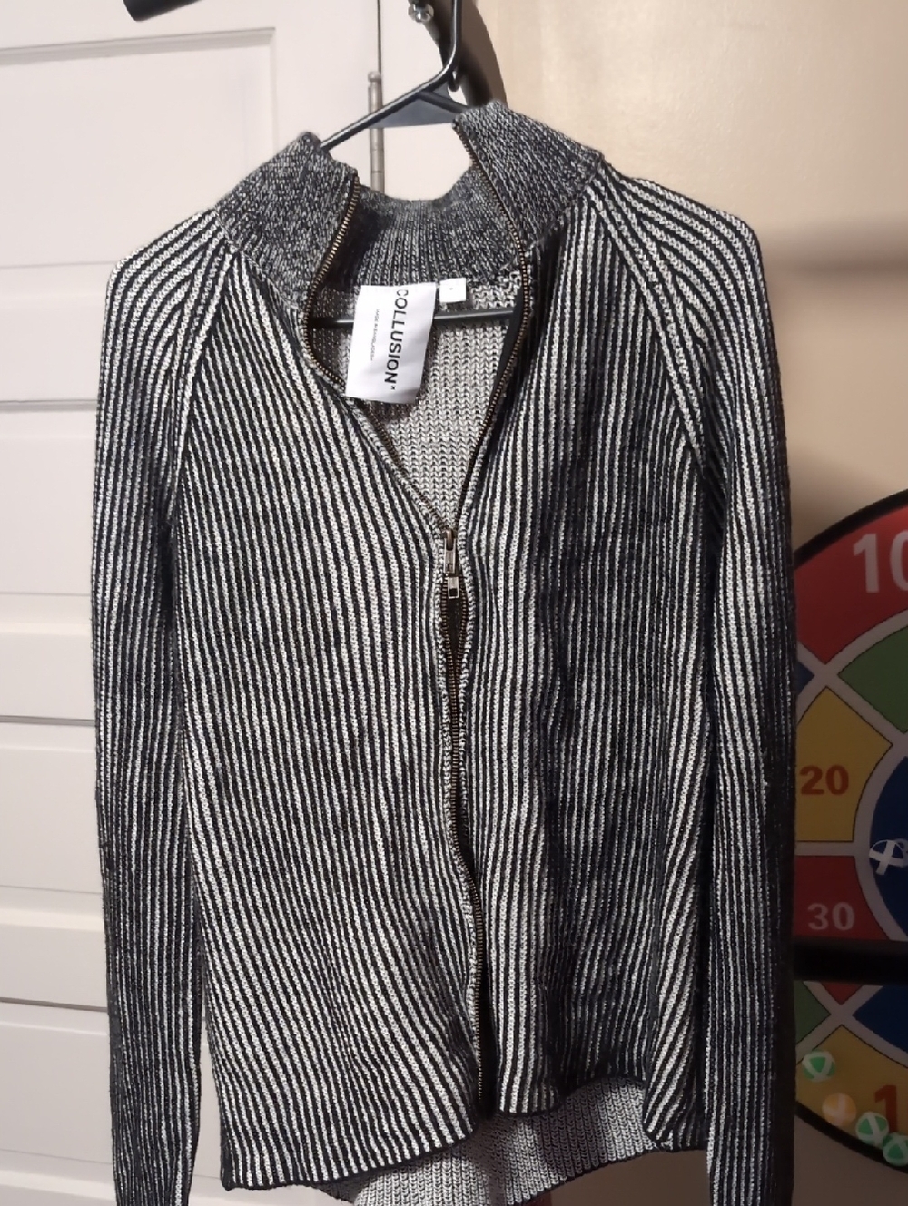 Collision Black & White Striped Zip-Front Cardigan